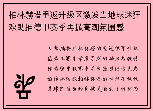 柏林赫塔重返升级区激发当地球迷狂欢助推德甲赛季再掀高潮氛围感