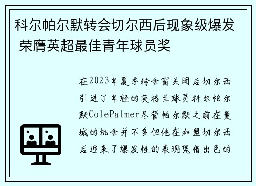 科尔帕尔默转会切尔西后现象级爆发 荣膺英超最佳青年球员奖